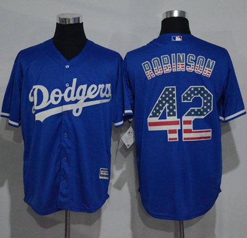 Dodgers #42 Jackie Robinson Blue USA Flag Fashion Stitched MLB Jersey - Click Image to Close